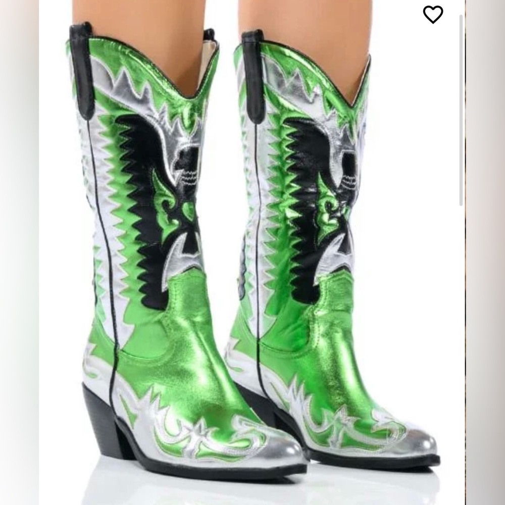 AZALEA WANG Metalic Cowgirl Boots - Green, silver and black